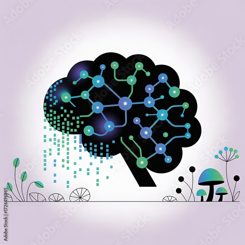 Stylized Brain Illustration with Digital and Organic Elements on a Light Purple Backdrop with Mushrooms