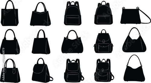 Fashion handbags and backpacks silhouette vector illustration showing different styles of women bags, purses, accessories, tote bags, stylish modern design