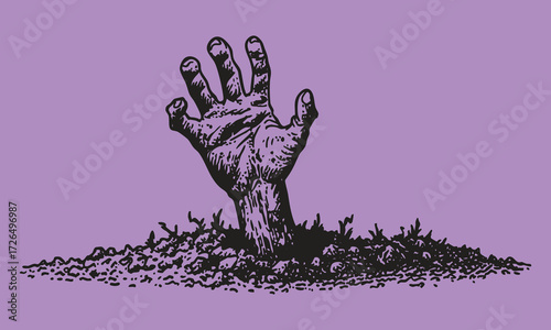 Creepy zombie hand rising from the grave. Vintage sketch style Halloween illustration for posters, flyers, stickers and horror designs.