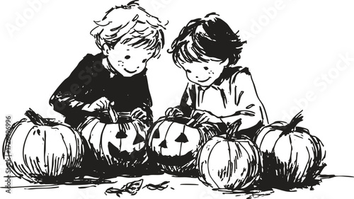 Retro children carving pumpkins Halloween illustration, vintage black and white sketch for cards, posters, festive autumn designs.