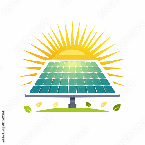 Modern flat design illustration of a solar panel system with a rising sun and green leaves, symbolizing clean, renewable energy and sustainable technology