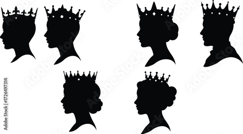Royal king and queen crown silhouette profile vector illustration featuring elegant monarchy, vintage nobility, royal family heads, and majestic royalty