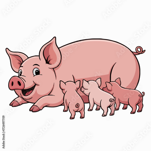 Cartoon Pig with Piglets – Cute Mother Pig and Baby Pigs Illustration