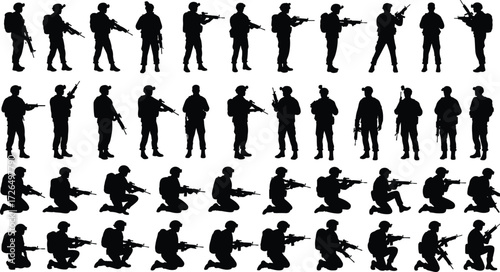 Silhouettes of armed soldiers with rifles in standing and kneeling poses for military, army, security, defense, tactical vector illustration