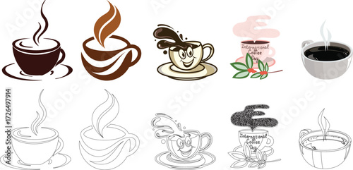 Coffee cup icon set. Cups of coffee tea collection. Hot drink icon. Disposable cup. Cup coffe with steam. Flat. Coffee cup silhouette, Coffee and tea cups silhouette, Teacup silhouette, Ceramic cups s