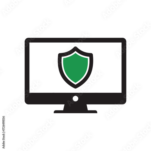 Computer security icon with a green shield on the monitor screen, symbolizing antivirus software and online data protection
