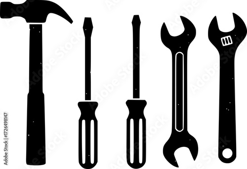 The obsolescence of manual labor: tools (hammer, screwdriver, wrench) are disappearing, symbolizing the transition to automation, digitalization, and the era of technology in production and work.