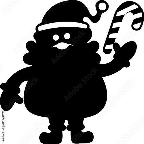 Silhouette of jolly Santa Claus holding candy cane, wearing hat and gloves, evokes festive holiday spirit. image captures essence of Christmas cheer and tradition.Santa Claus silhouette holding