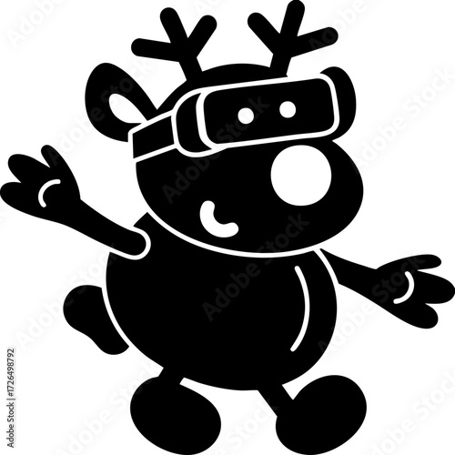 Cute cartoon reindeer wearing goggles joyfully waves its arms. reindeer has antlers and round body, adding to its playful and festive appearance