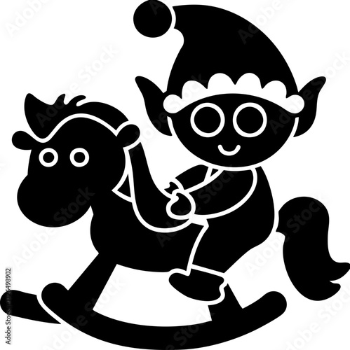 Cute elf wearing festive hat joyfully rides rocking horse, evoking playful and whimsical holiday spirit. simple, cartoonish design adds charm and delight to scene