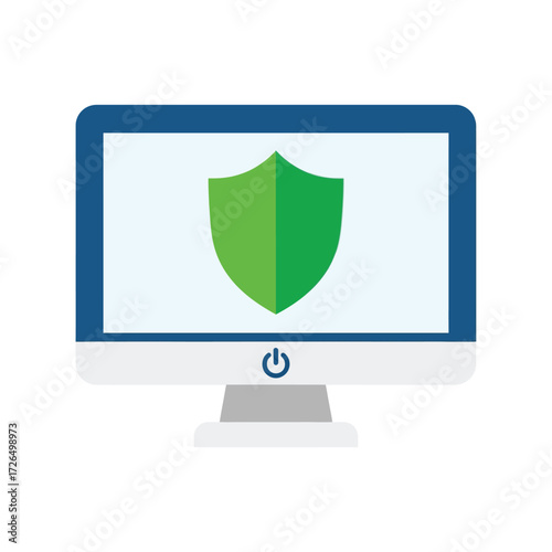 Vector illustration of a desktop computer monitor displaying a green shield symbol, representing internet security and antivirus software