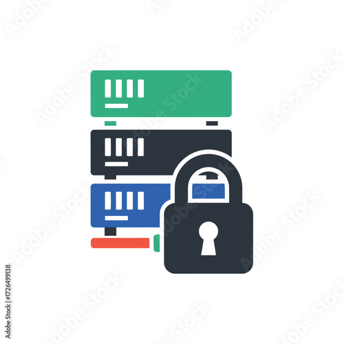 Safeguarding digital data Illustration of server racks with a prominent padlock, symbolizing comprehensive network security, secure hosting, and privacy protection for sensitive information