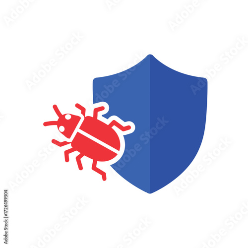Cybersecurity shield icon with a red bug, symbolizing digital threat protection, antivirus software, and malware detection