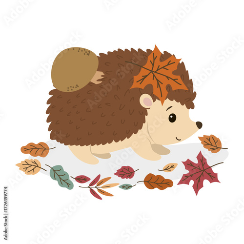 Adorable hedgehog with autumn leaves on its back strolls through scattered colorful leaves. This charming vector illustration captures the essence of fall with playful details.