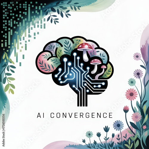 AI Convergence A Digital Brain with Mushroom Growth Illustrating the Symbiotic Relationship Between Technology and Nature