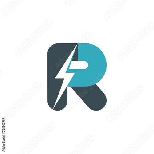 Letter R icon with bold lightning bolt, Stylized letter R design integrated with a sharp lightning bolt, symbolizing energy, innovation, technology, and digital performance.

