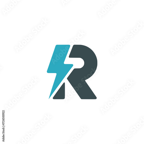 Letter R icon with bold lightning bolt, Stylized letter R design integrated with a sharp lightning bolt, symbolizing energy, innovation, technology, and digital performance.

