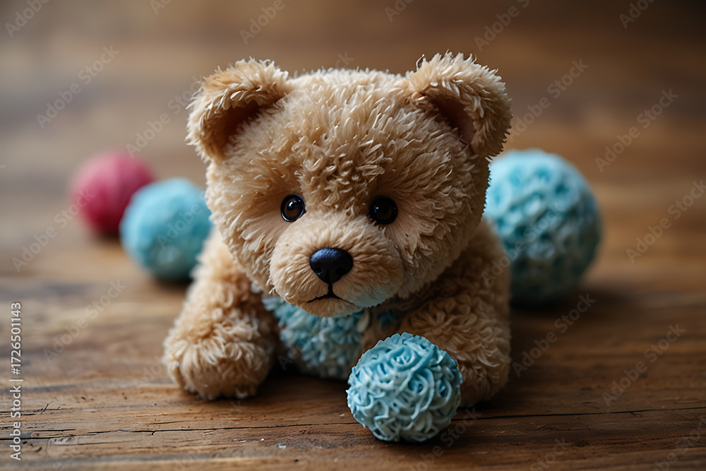 Obraz premium Cute teddy bear with colorful yarn balls on wooden surface