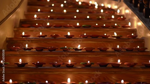 Warm Glow of Diya Lamps Illuminating Wooden Staircase during a Festival Celebration