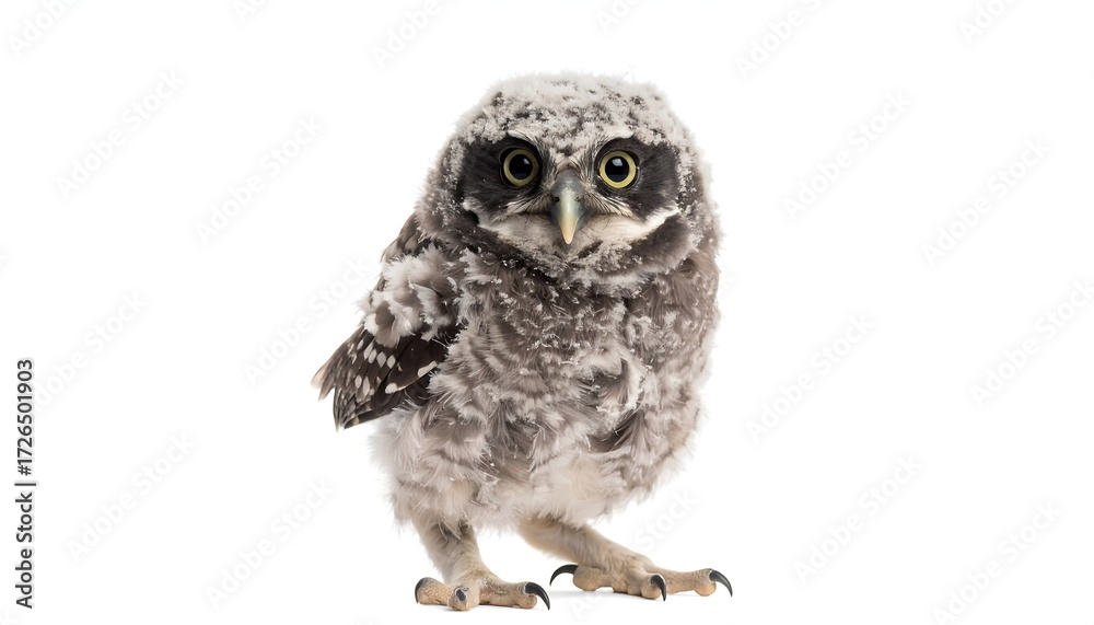 Fototapeta premium A fluffy owlet faces the camera, standing on a white background