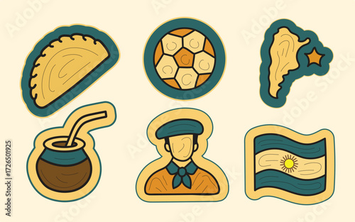 Symbols of Argentine culture – set of six artistic icons, ideal for use in educational materials, travel guides, cultural events, and print designs.