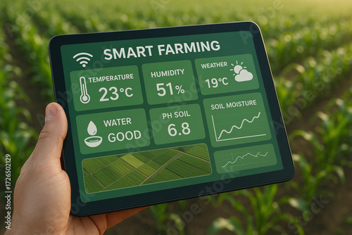 Hand holding tablet with smart farming dashboard in cornfield, showing precision agriculture data