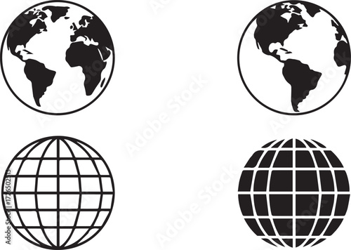 Vector art of four globes, two with continents and two with grid lines