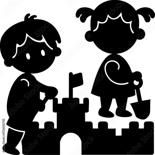 Two children happily building sandcastle with flag, using shovel and bucket. silhouette style emphasizes their playful interaction and creativity at beach