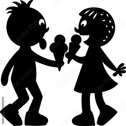 Two children happily enjoy ice cream cones, sharing joyful moment together. silhouette style adds playful and nostalgic feel to scene