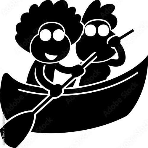 Two cartoon characters joyfully paddle canoe together, showcasing teamwork and adventure. simple black and white illustration emphasizes fun and cooperation in outdoor setting