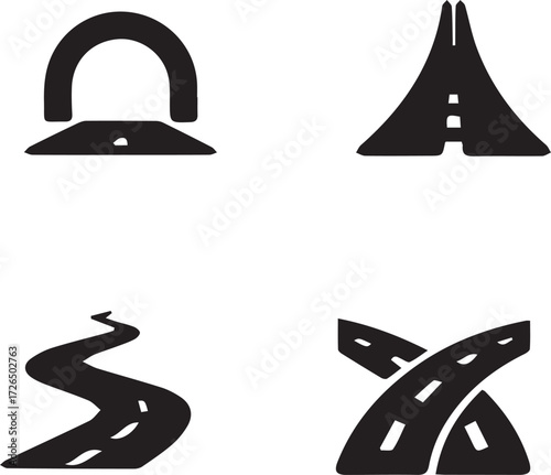 Vector art of collection of stylized road and highway icons on a neutral background