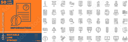 Information Line Icon Set.information, data, knowledge, details, fact, message, news, content, record, document, file, report, note, text, article, story, guide, manual, book, paper, chart, diagram, i