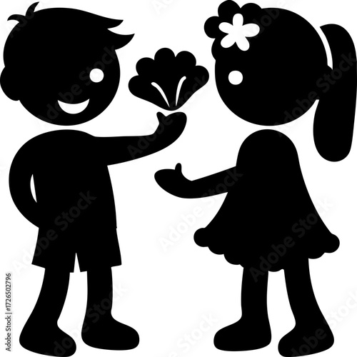 Silhouette of boy giving flower to girl, both smiling and facing each other, conveying sense of friendship and kindness. girl has flower in her hair