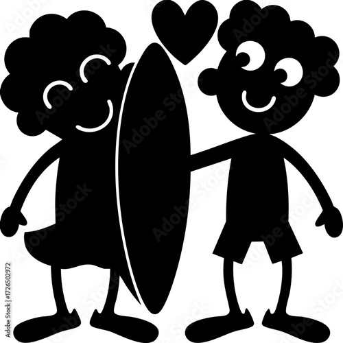 Two cartoon characters happily holding surfboard with heart above them, symbolizing friendship and love for surfing. simple black and white illustration conveys joy and camaraderie