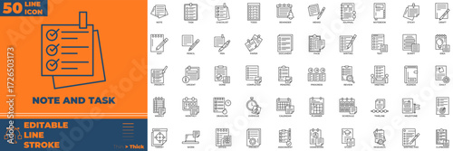 Note and task line icon set.note, task, memo, list, reminder, agenda, schedule, plan, record, checklist, document, writing, journal, diary, log, file, paper, draft, report, outline, message, text, ide