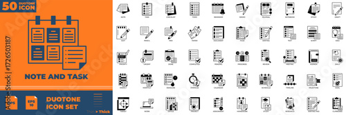 Note and task duotone icon set.assignment, project, deadline, priority, meeting, goals