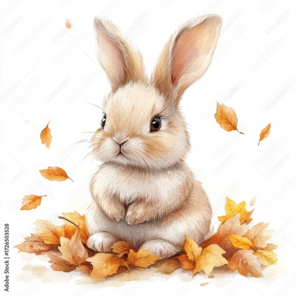 Fototapeta premium Adorable Tan Bunny Surrounded by Autumn Leaves