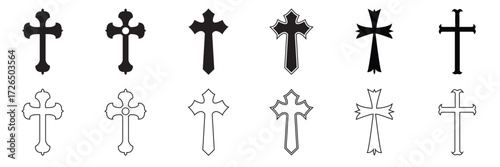 Set of cross symbols icon. Collection of various Christian cross icons in solid black and outline styles, useful for religious design, decoration, or symbolism.

