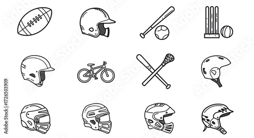 Get Active with These Sporting Goods Line Art Icons Featuring Football, Baseball, Lacrosse, Cricket, and Biking Essentials for a Healthy and Fun Lifestyle