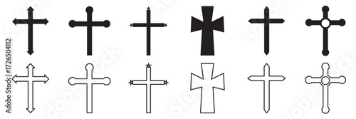 Set of cross symbols icon. Collection of various Christian cross icons in solid black and outline styles, useful for religious design, decoration, or symbolism.

