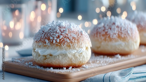 Close Up Pastries on Wooden Board with Powdered Sugar and Candlelight