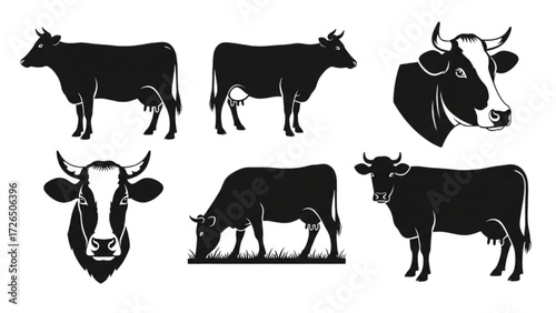Black Silhouette Cow Icon Set – 6 Farm Animal Vector Illustrations