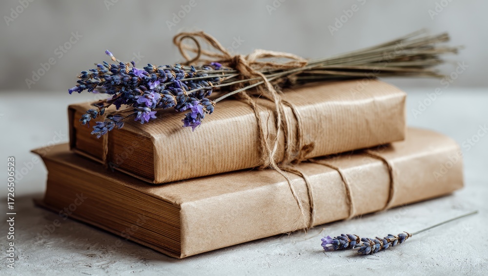 Obraz premium Stack of bound books wrapped in kraft paper, adorned with lavender sprigs