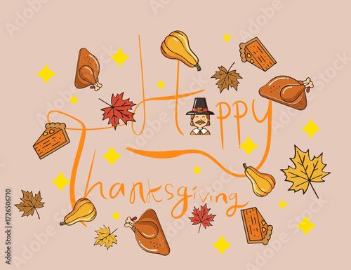 thanksgiving greetings card with pumpkin, chicken and other thing