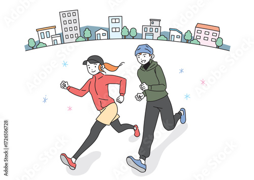 街なかをランニングする笑顔の男女