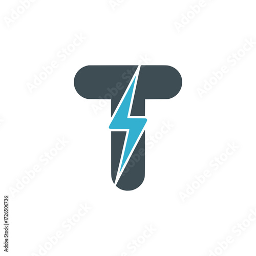 Letter T icon with lightning bolt symbol, Bold letter T design intersected by a sharp blue lightning bolt, symbolizing energy, speed, technology, and digital power.

