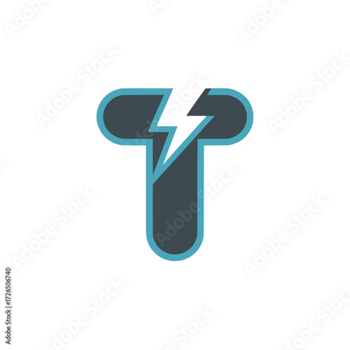 Letter T icon with lightning bolt symbol, Bold letter T design intersected by a sharp blue lightning bolt, symbolizing energy, speed, technology, and digital power.

