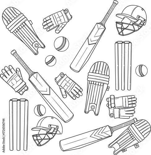 Line Art Cricket Game Equipment Illustration Set.