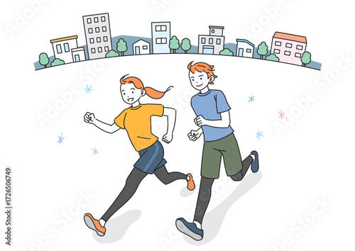 街なかをランニングする笑顔の男女