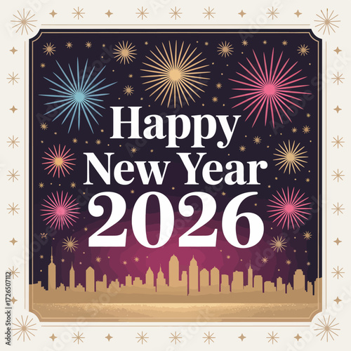 Happy new year 2026 celebration with fireworks over city skyline